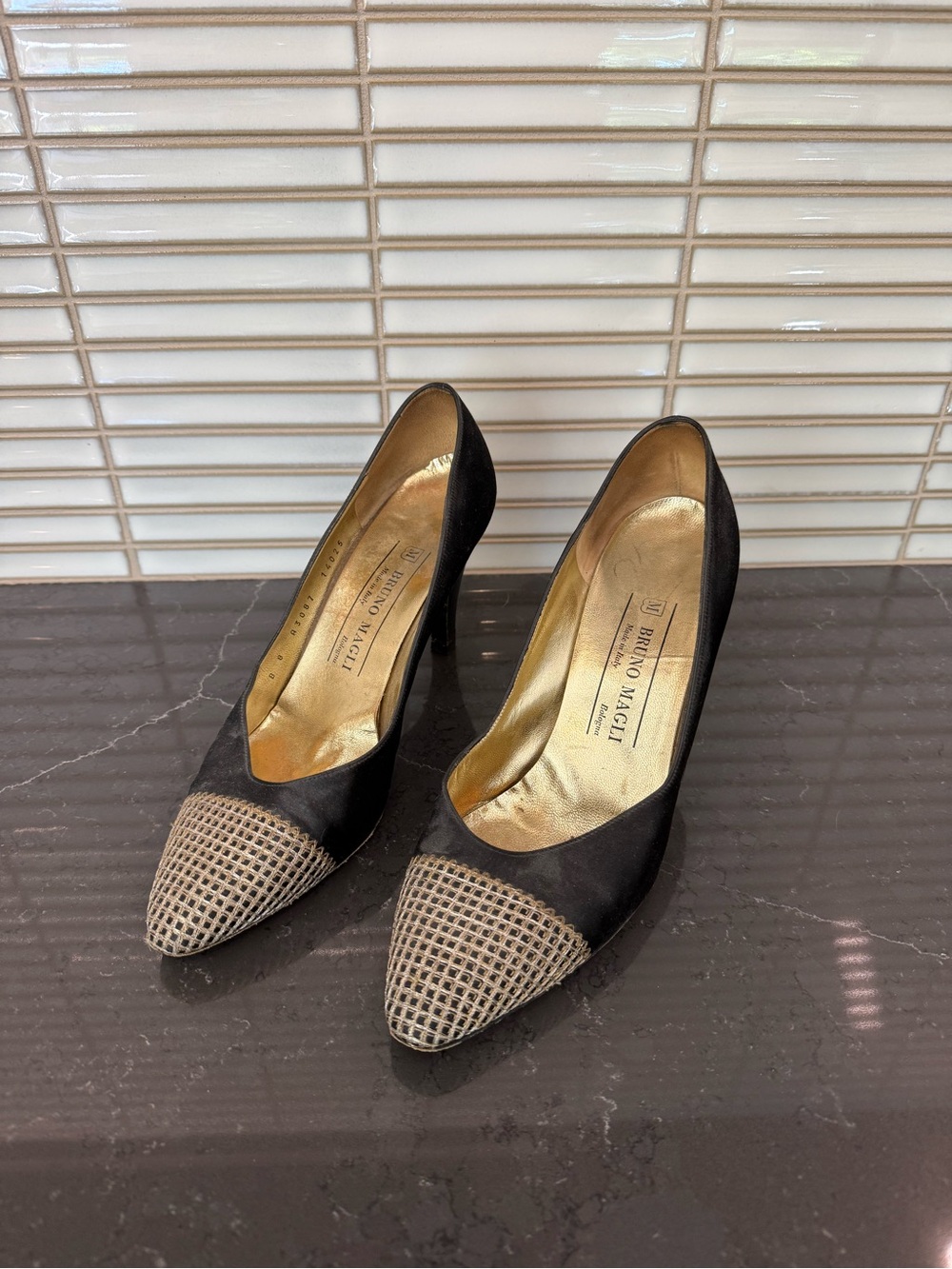 Vintage!! Bruno Magli Black Satin Pointed Pumps with Gold Cap Toe